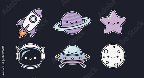 Cute Kawaii Space Elements Collection with Rocket, Planet, Star, Astronaut Helmet, UFO, and Moon.