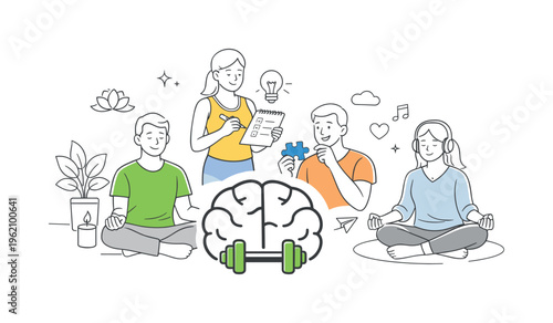 A group of individuals practicing mental exercises and mindfulness techniques in a calm wellness environment, focusing on cognitive health and emotional balance, represented by a