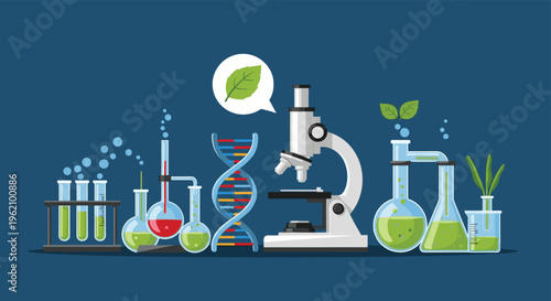 Modern biological laboratory equipment set featuring a microscope, test tubes, chemical flasks, DNA model, and green plant samples.