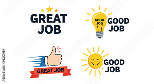 Set of colorful stickers with motivational text great job and good job featuring light bulb, thumbs up, sun, and gold stars icons.