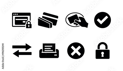 Payment processing: payment gateway, credit card swipe, contactless tap, authorization checkmark, declined cross, transaction flow arrows, receipt print, secure lock