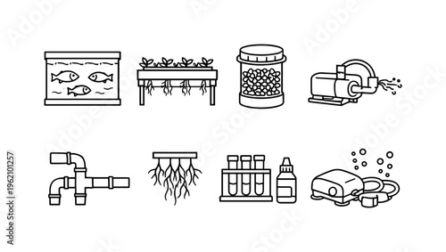 Aquaponics system setup: fish tank, grow bed tray, water pump, biofilter barrel, plant roots, plumbing pipes, water test kit, air pump
