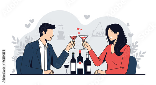 Happy couple having a romantic dinner date together sharing cocktails and wine at a restaurant with love symbols in the background.