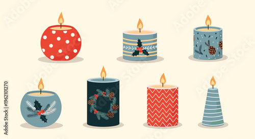 Collection of decorative scented candles in various shapes and patterns like polka dots, stripes, and holiday themes for home decor.
