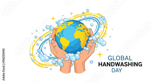 Global handwashing day concept illustration with two hands carefully holding and washing a soapy earth globe to promote hygiene.