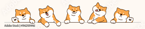 Vector Illustration of Cute Cartoon Shiba Inu Dog Chracters on Isolated Background. Hand Drawn Vector Illustration.
