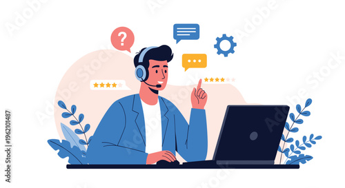Friendly male customer support representative wearing a headset and working on a laptop with star ratings and speech bubbles.
