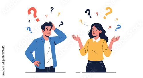Confused young man and woman standing together with multiple question marks floating around their heads while they try to find a solution.