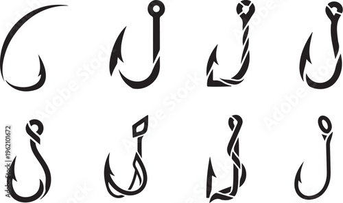 Collection of various fishing hooks in black and white