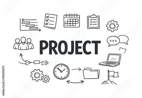 Project management workflow concept centered on organizing tasks, tracking progress, and coordinating team efforts to achieve deadlines efficiently. PROJECT title with