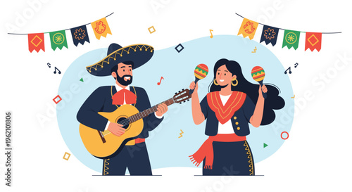 Traditional mexican mariachi musician playing an acoustic guitar while a woman in folk dress plays the maracas at a festive party.