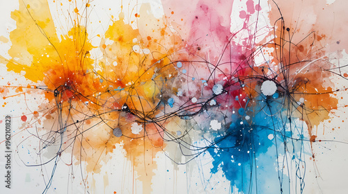 Art Watercolor and Acrylic smear blot painting with pencil, oil pastel line scribble elements. Abstract texture color brushstroke stain background.