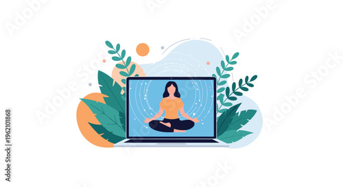 Young woman practicing yoga and meditation through an online class on her laptop screen surrounded by green tropical leaves.