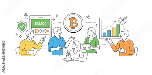 A fintech and personal finance concept illustrating crypto investment as part of a diversified portfolio, showing a team discussing strategy and tracking performance around three