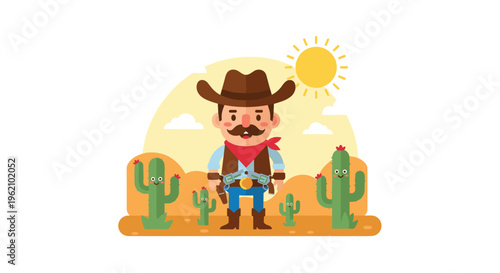 Friendly cartoon cowboy character with a mustache and guns standing in a desert landscape with happy cacti and a bright sun.