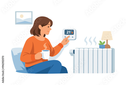 Comfortable living environment scene showing a person adjusting home heating to maintain warmth and energy efficiency during colder seasons, with a character interacting with a