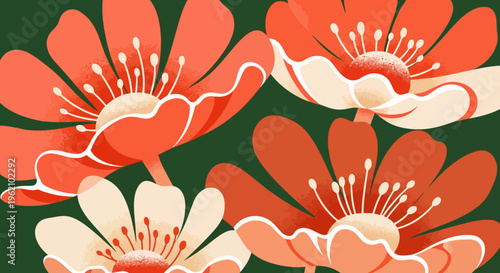 A close-up of an illustration of orange and white flowers on a green background