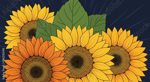 A close-up of three sunflowers with green leaves