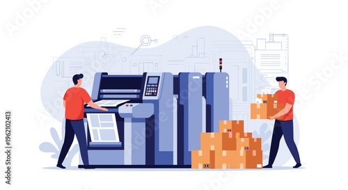 Workers operating a large industrial printing machine in a factory setting while managing stacks of cardboard boxes for distribution.