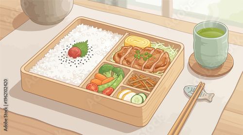 A steaming bento box filled with various foods sits on a table with a cup of green tea and chopsticks nearby 