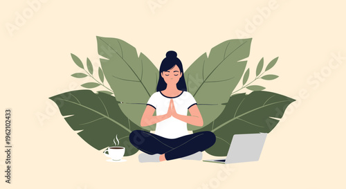 Young woman practicing yoga and meditation in a peaceful home setting with large green leaves a cup of coffee and a laptop.