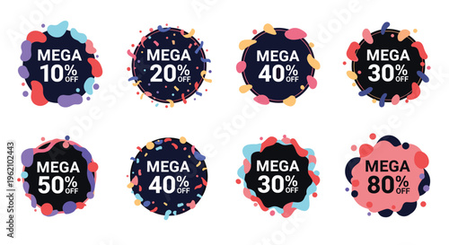 Collection of colorful mega sale discount labels with various percentages off for shopping promotions and retail marketing campaigns.