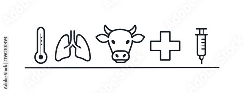 Veterinary respiratory disease monitoring and treatment for livestock health management and prevention of herd outbreaks in agricultural environments, lungs symbol, thermometer