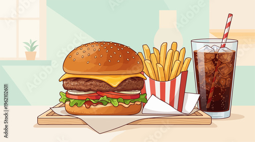 A delicious burger with fries and soda on a table indoors