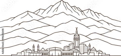 A minimalist line art illustration showcasing the holy city of mecca against a mountain backdrop isolated on transparent background, Vector
