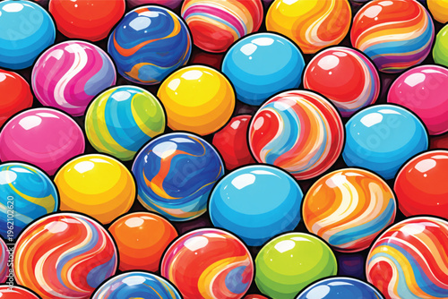 Bright seamless pattern featuring a colorful texture of round plastic balloons and sweet candy spheres in a fun vector background of red, blue, green, and yellow circles