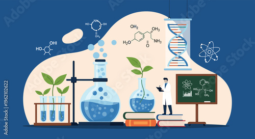 Scientist working in a high tech laboratory with test tubes plants dna models and chemical formulas for biological research.