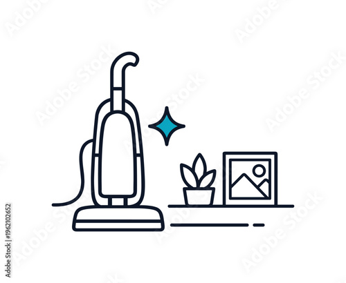 Home maintenance routine in a modern lifestyle context focused on keeping living spaces hygienic and visually comfortable through regular care, a simple upright vacuum cleaner icon