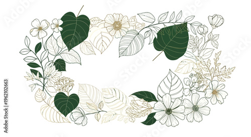 A floral wreath with green leaves and white flowers