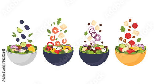 Variety of healthy salad bowls with fresh vegetables shrimp cheese and nuts falling into the bowls for a nutritious meal preparation.