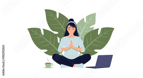 Young woman sitting in a lotus pose meditating at her home office with a laptop a cup of coffee and decorative green plants.
