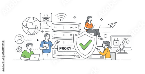 A cybersecurity and network infrastructure scene focused on proxy server usage for secure and private internet access, where a small team manages data routing and protection around