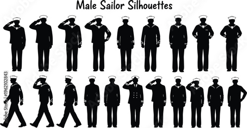 Male sailor silhouettes collection navy military personnel saluting standing walking uniform seaman figures isolated black vector set diverse poses illustration