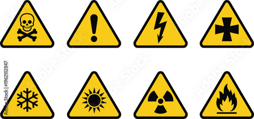 Warning hazard signs vector set with danger symbols, safety caution icons for industrial risk and protection design