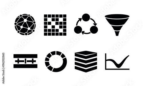 Graph neural network engineering: node embedding sphere cluster, adjacency matrix tile grid, message passing arrow loops, graph pooling funnel shape, edge feature connector bars