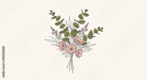 A bouquet of flowers with green leaves and pink blooms