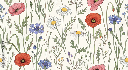 A colorful floral pattern with various flowers and greenery on a cream background