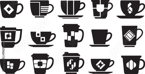 Set of black coffee cup icons with white designs