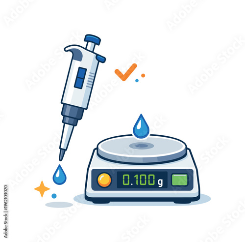 Pipette calibration using gravimetric method for ensuring liquid handling accuracy in laboratory workflows, a micropipette dispensing a single droplet onto a small precision scale