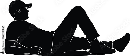Man lying relaxed silhouette vector illustration casual male resting pose black white profile hat leisure lifestyle minimal design graphic
