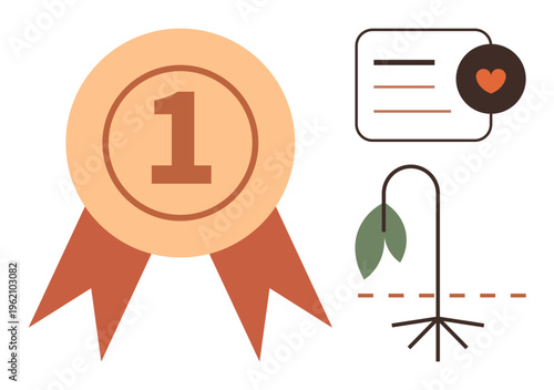 Motivation, communication, sustainability, competition, achievement, challenges. Award ribbon, speech bubble with heart icon and drooping plant. Competition and communication concept