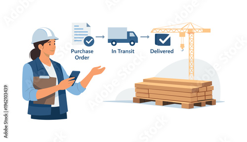 Business logistics scenario focused on construction procurement showing a specialist ensuring the right materials are acquired and delivered efficiently to a project site, with a