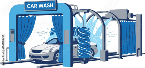Web Automatic tunnel car wash system with sedan car, rotating brushes, and water spray vector illustration isolated on white.