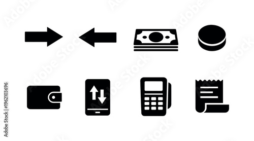 Money transactions: send arrow, receive arrow, banknotes stack, coin, wallet, mobile transfer, payment terminal, receipt paper