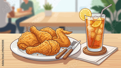A plate of fried chicken and a glass of iced tea on a table