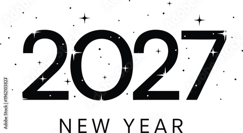 Black 2027 New Year text with stars and dots on white background typography